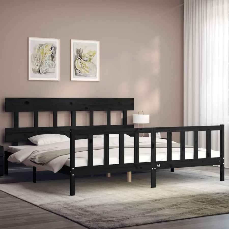 Cadre de lit sans matelas noir 200x200 cm bois massif de pin - 3