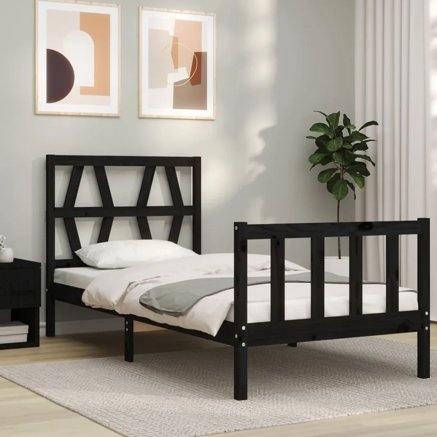 Cadre de lit sans matelas noir bois de pin massif - 3