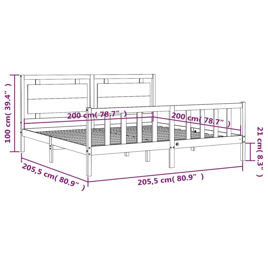Cadre de lit sans matelas noir 200x200 cm bois massif de pin - 12