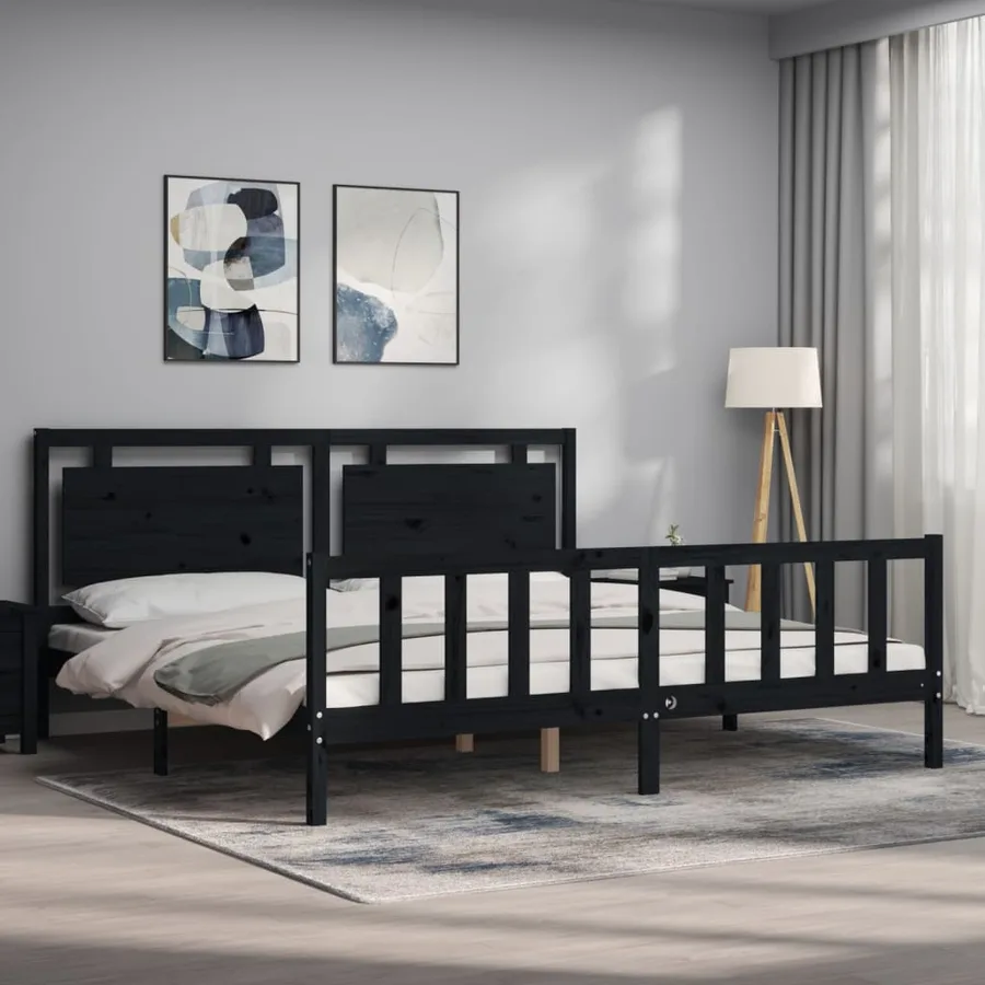 Cadre de lit sans matelas noir 200x200 cm bois massif de pin - 3