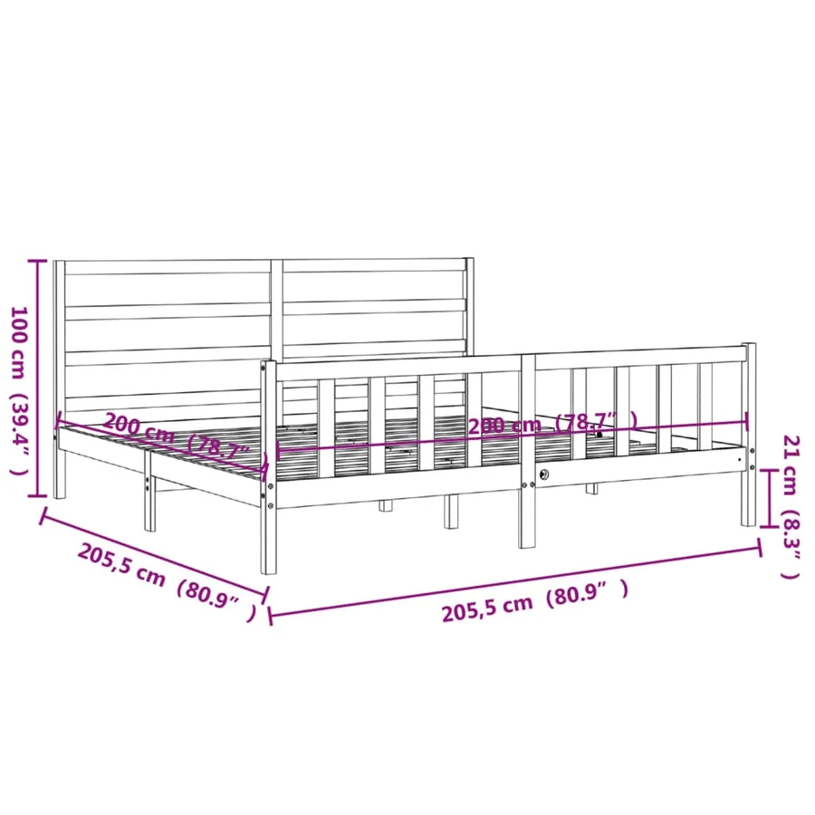 Cadre de lit sans matelas noir 200x200 cm bois massif de pin - 12