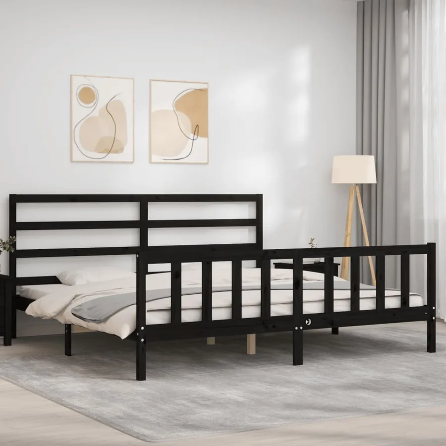 Cadre de lit sans matelas noir 200x200 cm bois massif de pin - 4