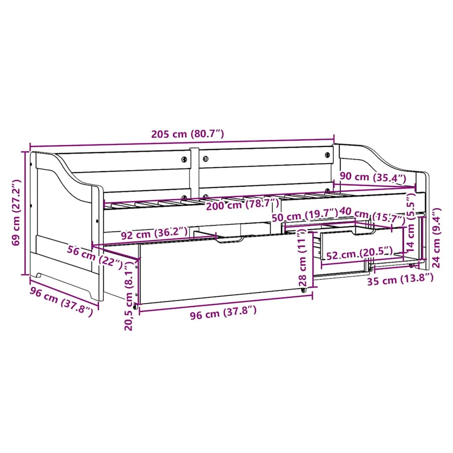 Lit de jour et 3 tiroirs sans matelas IRUN blanc rose 90x200 cm - 10