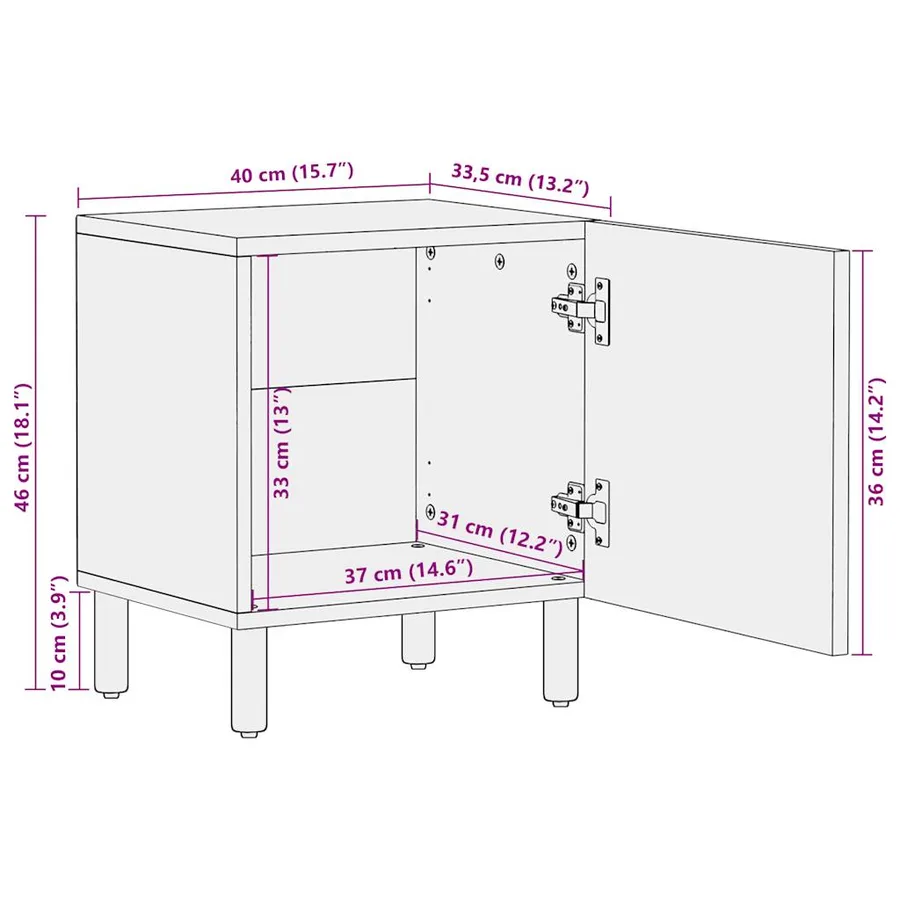 Table de chevet noir 40x33,5x46 cm bois de manguier massif brut - 12