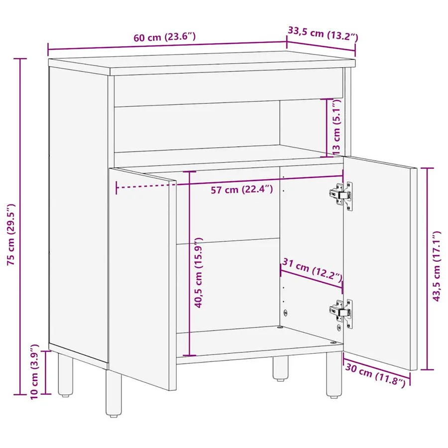 Buffet 60x33,5x75 cm bois de manguier brut massif - 11