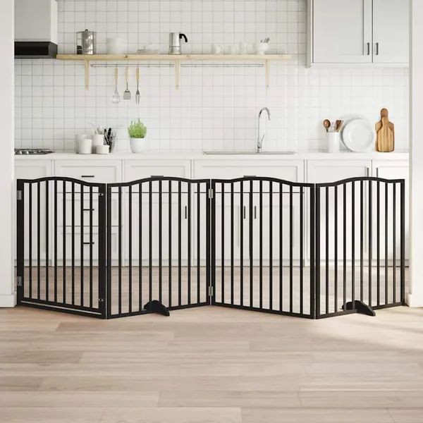 Barrière pour chiens et porte 4 panneaux noir bois de peuplier