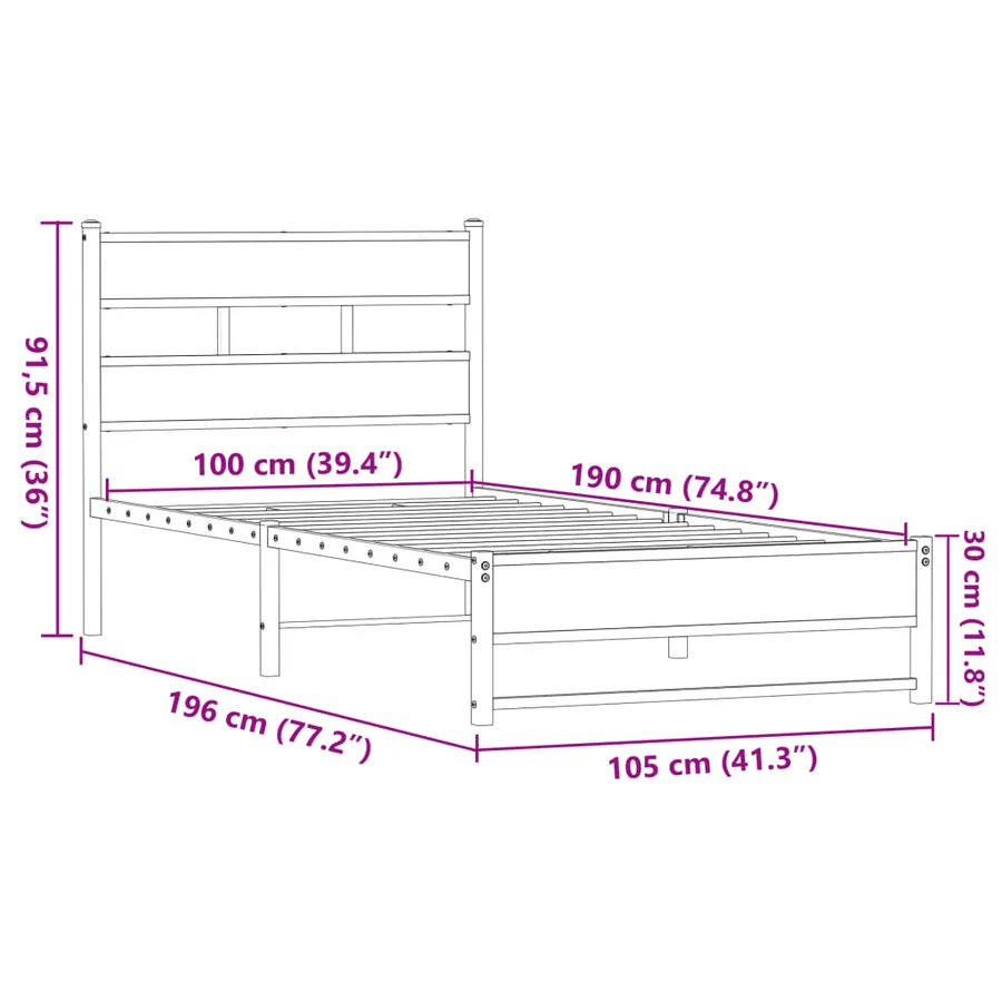 Cadre de lit en métal sans matelas chêne marron 100x190 cm - 9