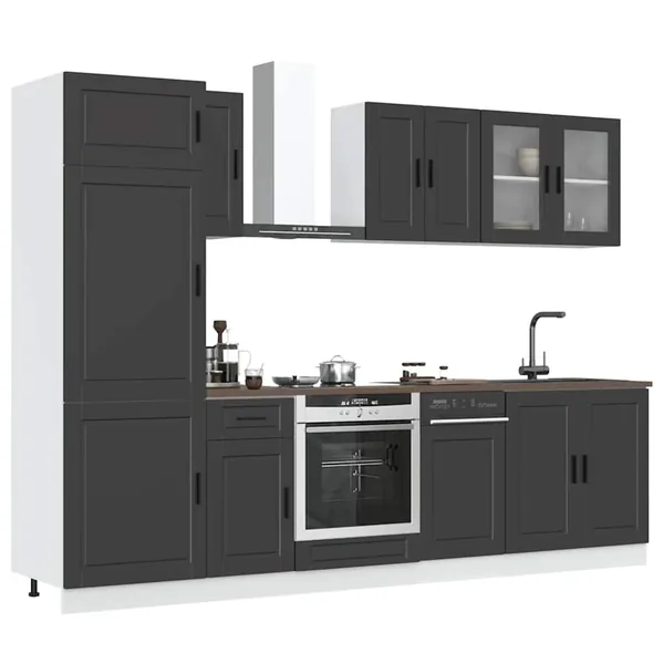 Ensemble de 8 meubles de cuisine "Porto" en bois d'ingénierie noir