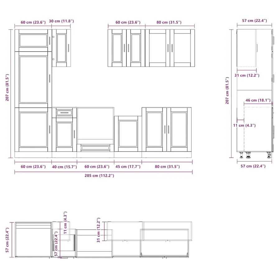 Ensemble de 8 meubles de cuisine "Porto" en bois d'ingénierie noir - 8