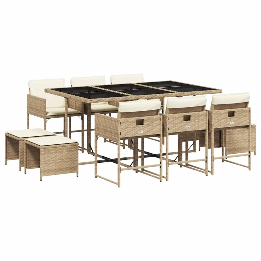 Ensemble à manger de jardin et coussins 11 pcs beige poly rotin - 2