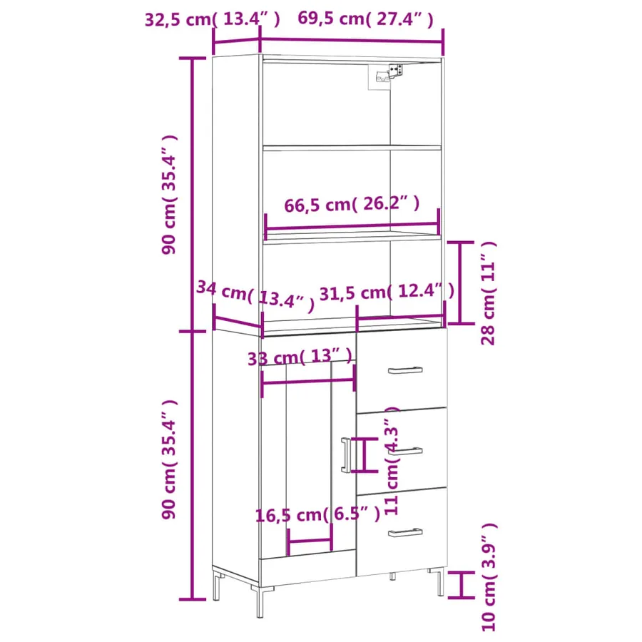 Buffet haut Blanc 69,5x34x180 cm Bois d'ingénierie - 14