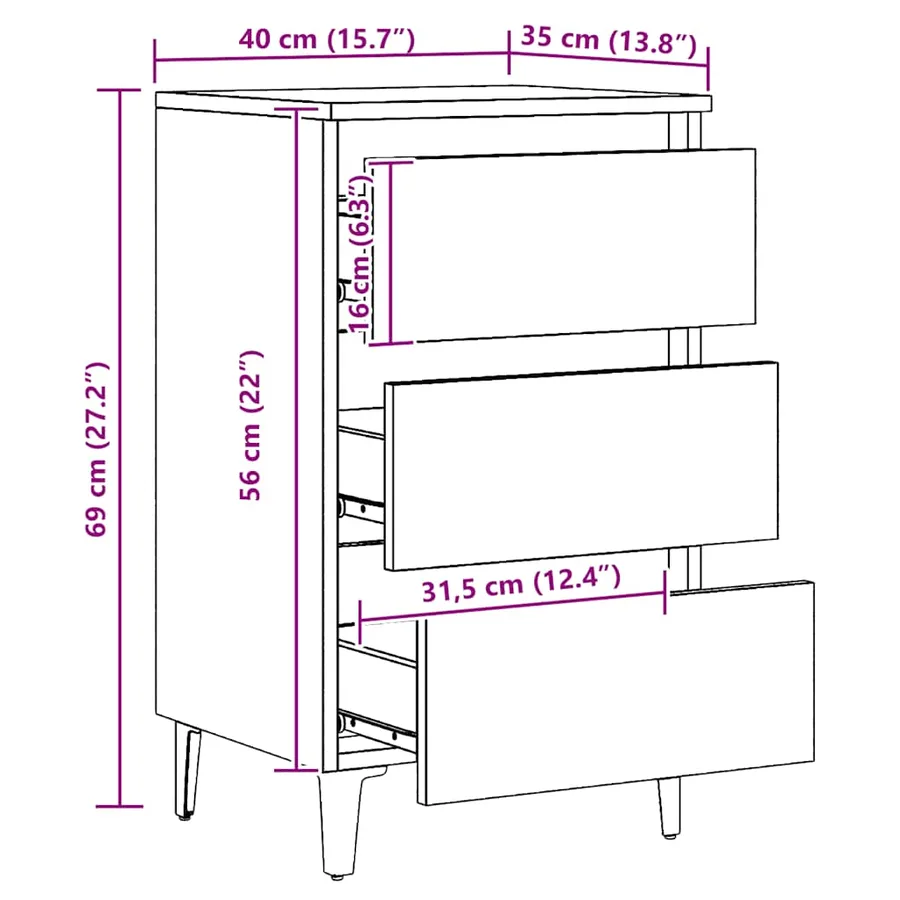 Table de chevet avec pieds en métal chêne artisanal 40x35x69 cm - 10
