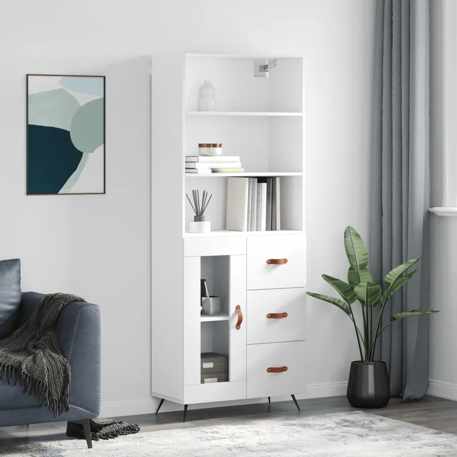Buffet haut Blanc brillant 69,5x34x180 cm Bois d'ingénierie