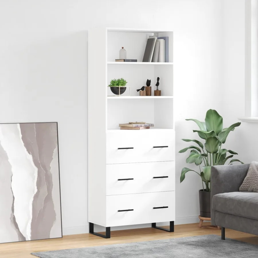 Buffet haut Blanc brillant 69,5x34x180 cm Bois d'ingénierie