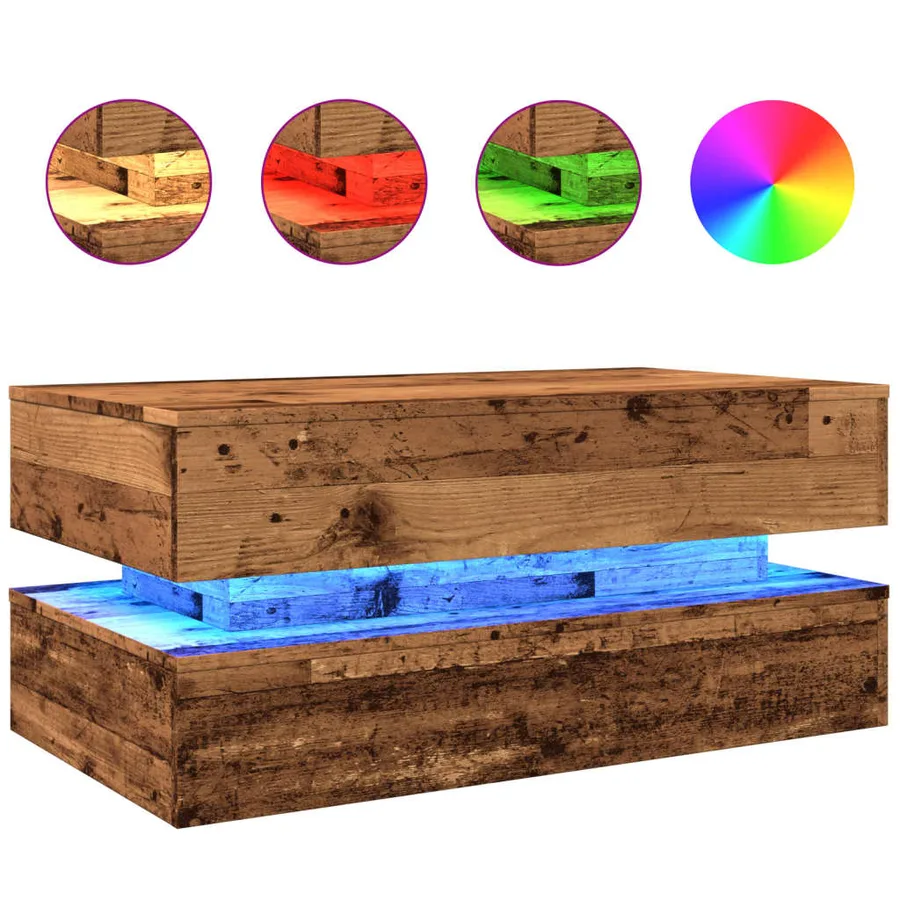 Table basse avec lumières LED vieux bois 90x50x40 cm - 2