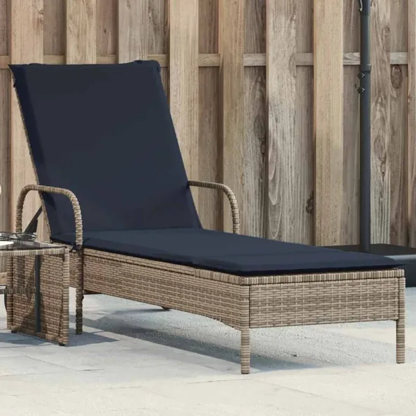 Chaise longue à roulettes avec coussin gris résine tressée