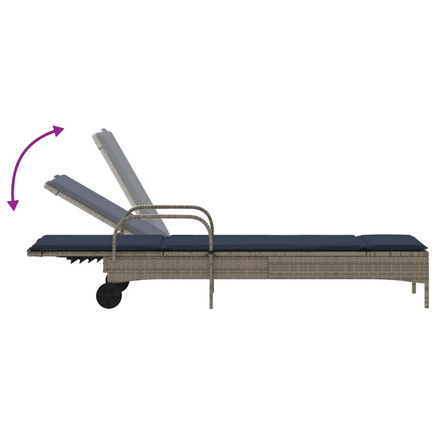 Chaise longue à roulettes avec coussin gris résine tressée - 7