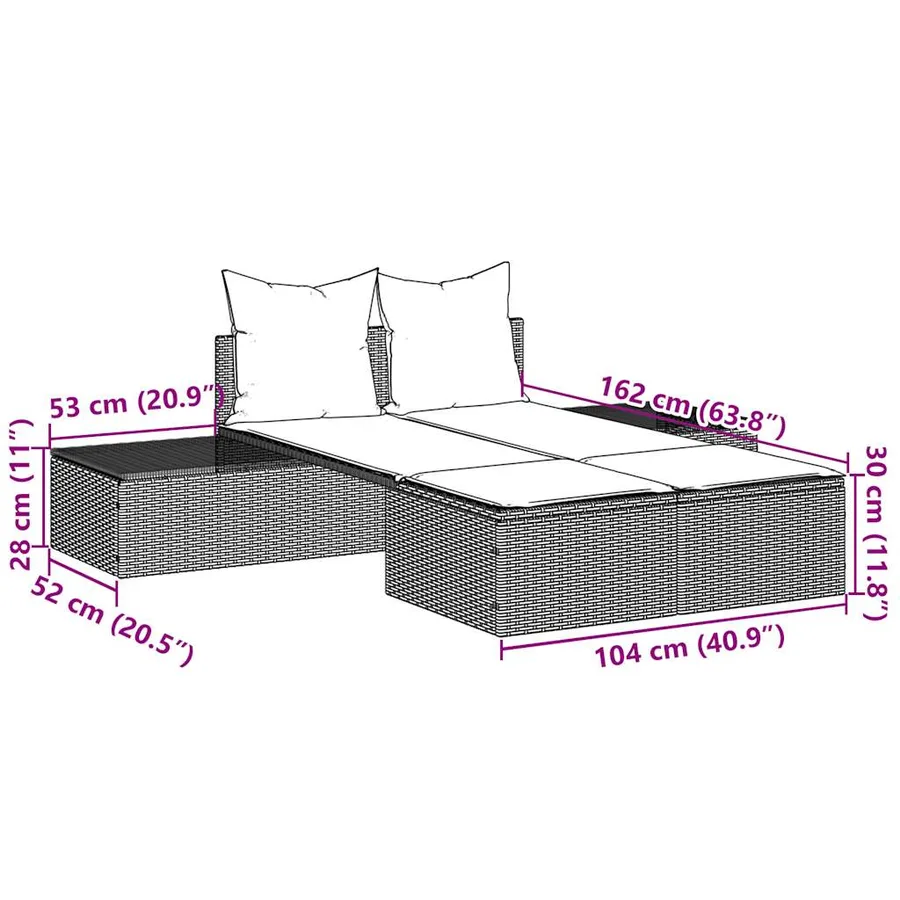 Chaise longue double avec coussins en rotin synthétique noir - 8