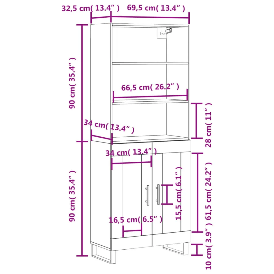 Buffet haut Blanc brillant 69,5x34x180 cm Bois d'ingénierie - 13