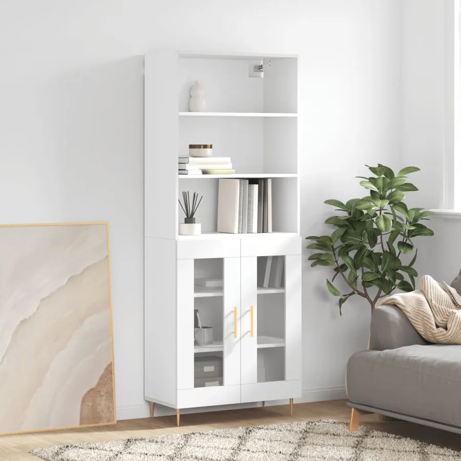 Buffet haut Blanc brillant 69,5x34x180 cm Bois d'ingénierie