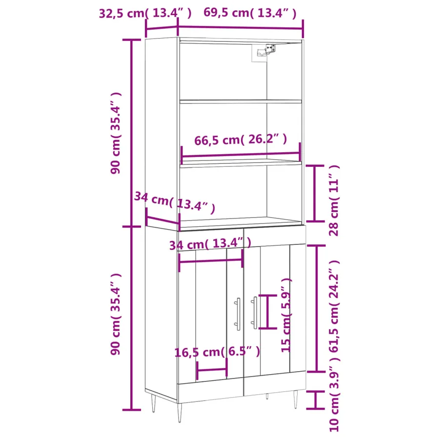Buffet haut Blanc brillant 69,5x34x180 cm Bois d'ingénierie - 13