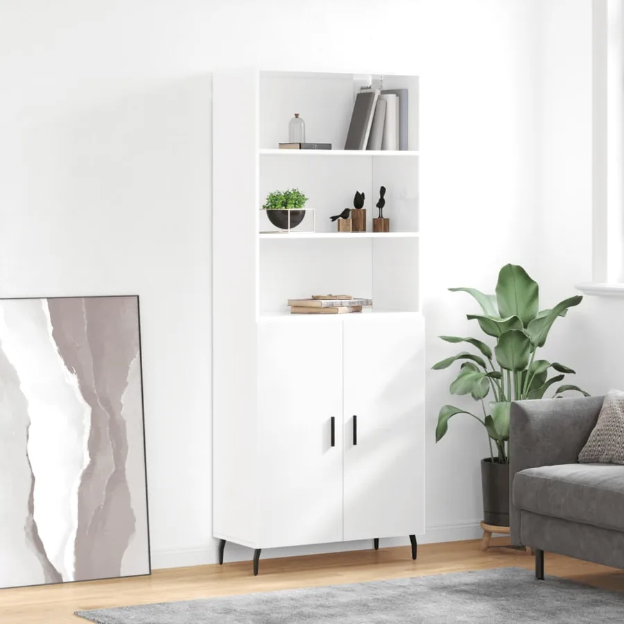 Buffet haut Blanc brillant 69,5x34x180 cm Bois d'ingénierie