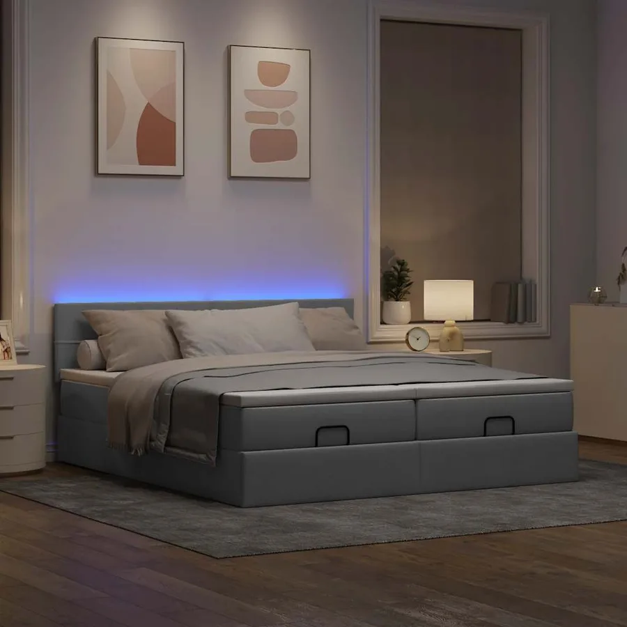 Cadre de lit ottoman et matelas gris clair 200x200cm tissu - 3