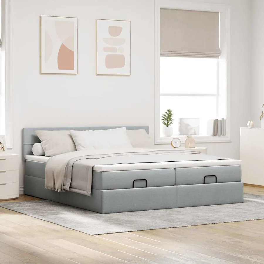 Cadre de lit ottoman et matelas gris clair 200x200cm tissu - 4