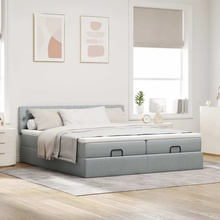 Cadre de lit ottoman et matelas gris clair 200x200cm tissu - 4