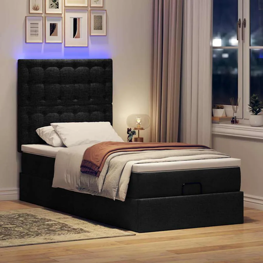 Cadre de lit ottoman avec matelas noir 90x200 cm tissu - 3