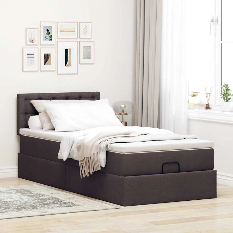 Lit ottoman avec matelas et LED marron foncé 90x200 cm tissu - 4