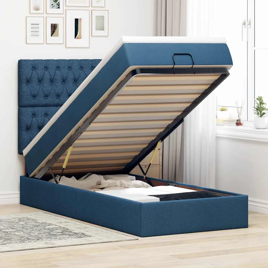 Lit ottoman avec matelas bleu 90x200 cm tissu