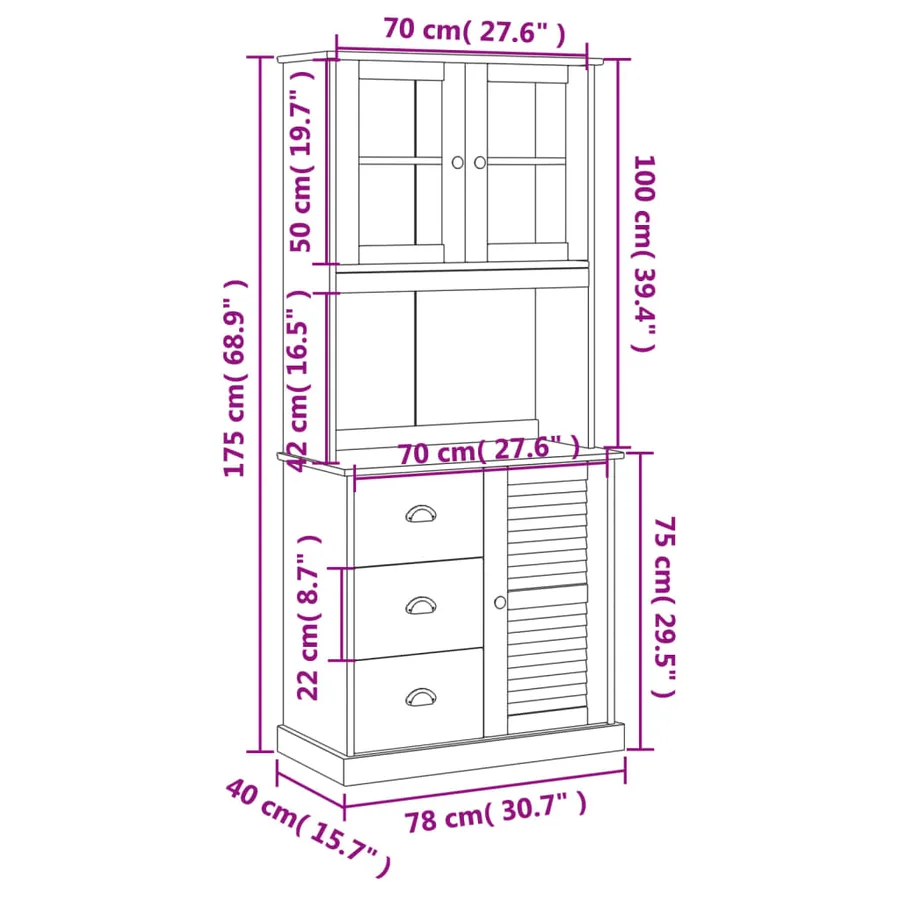 Buffet haut VIGO blanc 78x40x175 cm bois massif de pin - 12