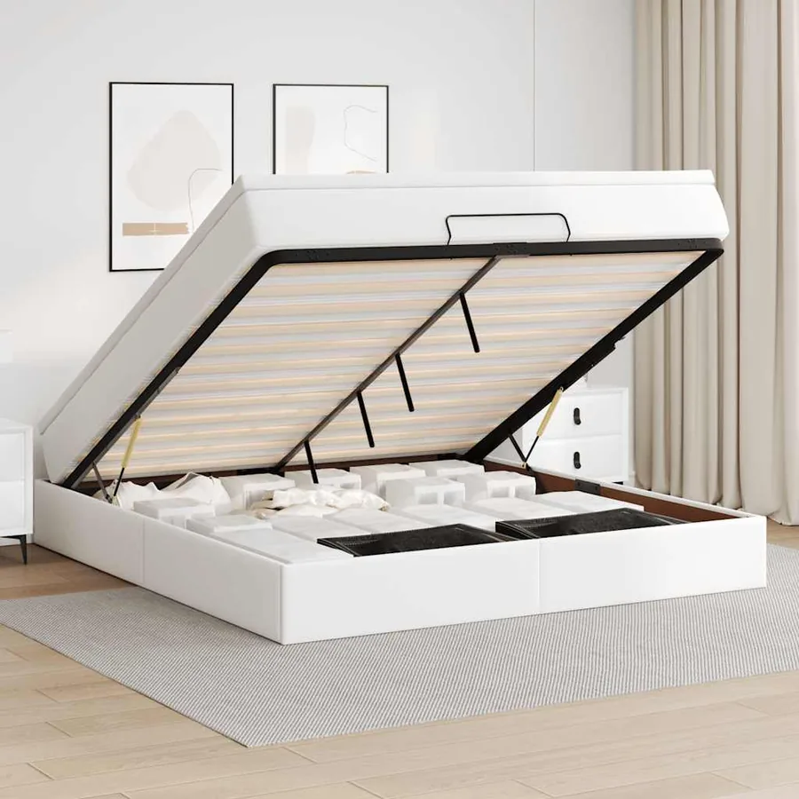 Cadre de lit ottoman avec matelas blanc 160x200 cm similicuir