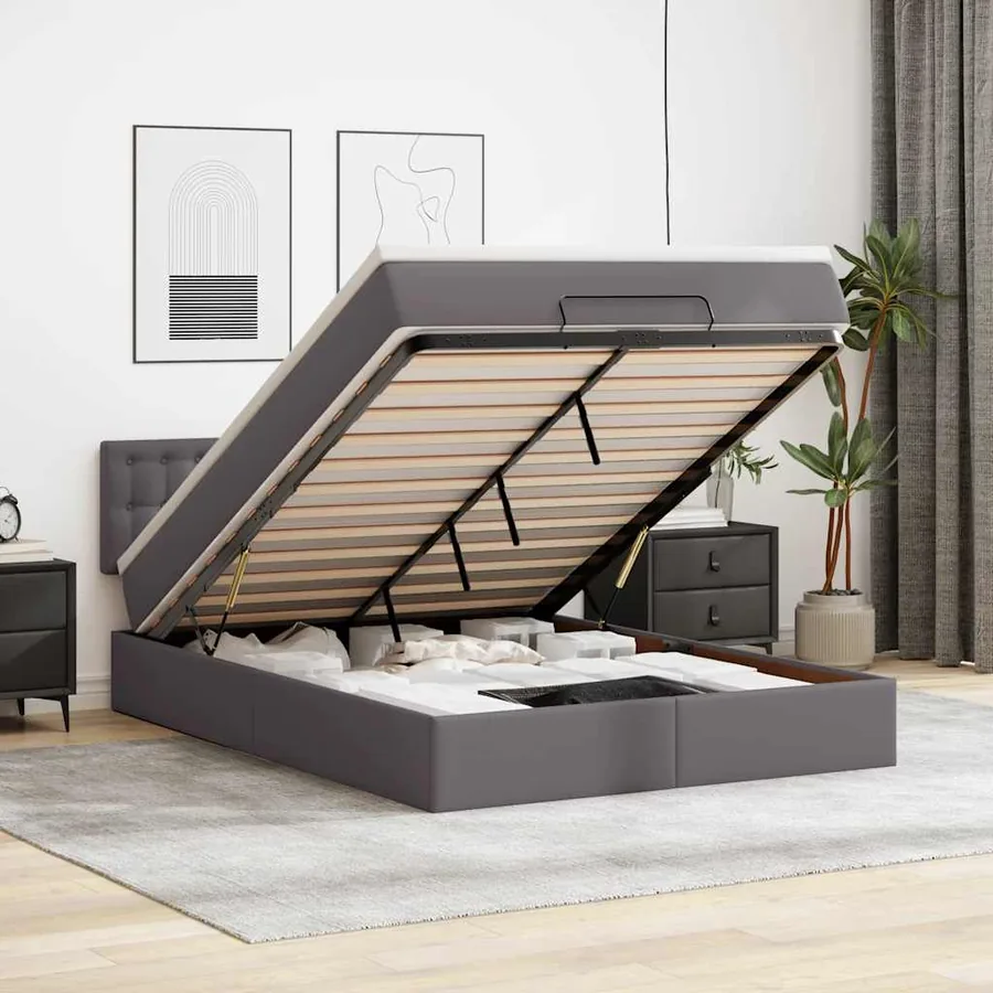 Lit ottoman avec matelas & LED Gris 140x200cm similicuir