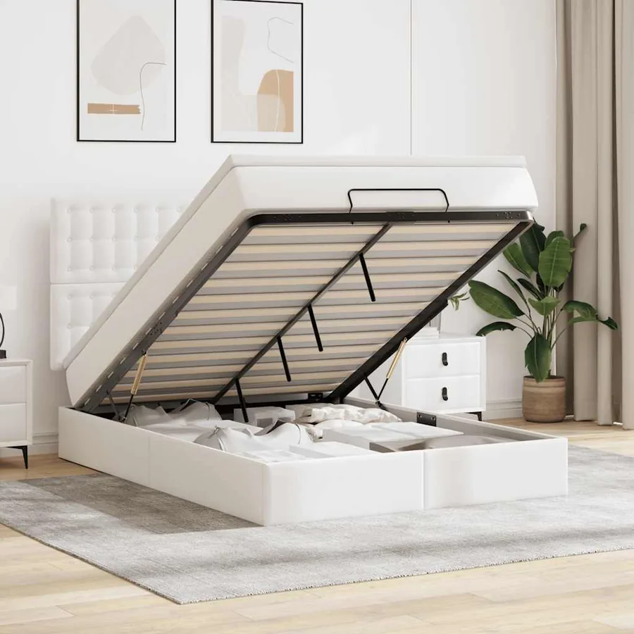 Cadre de lit ottoman avec matelas blanc 140x200 cm similicuir