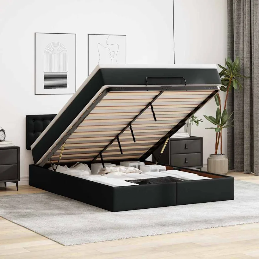 Lit ottoman avec matelas & LED Noir 140x200cm similicuir