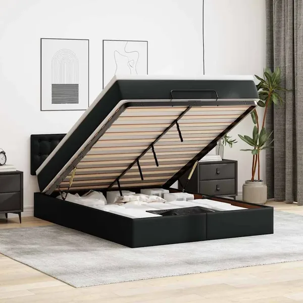 Lit ottoman avec matelas & LED Noir 140x200cm similicuir