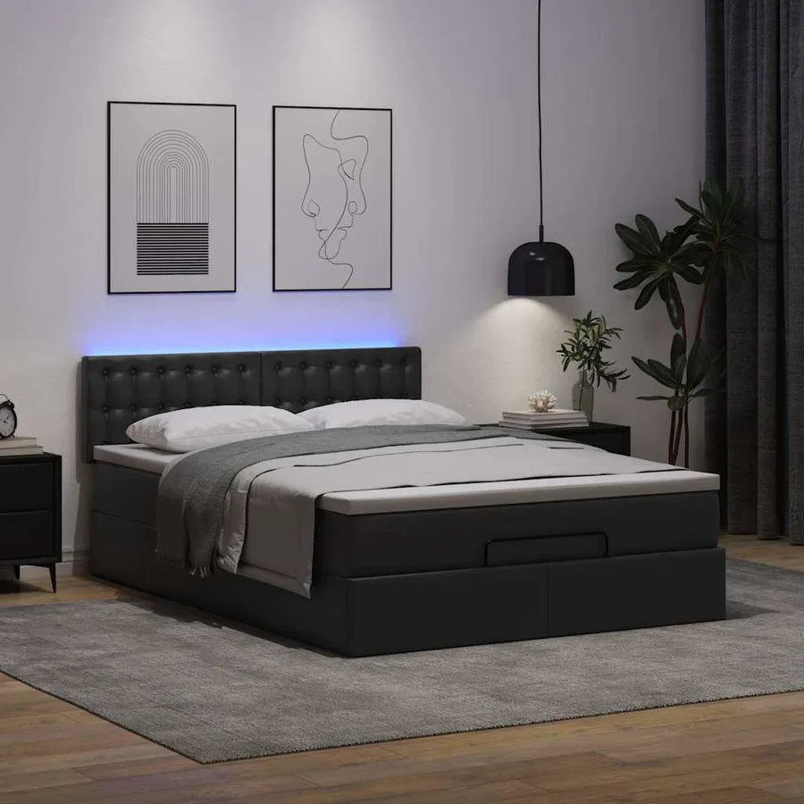 Lit ottoman avec matelas & LED Noir 140x200cm similicuir - 3