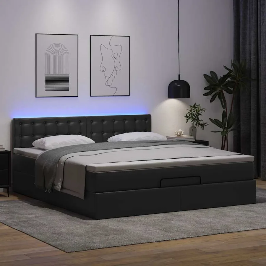 Lit ottoman avec matelas & LED Noir 160x200cm similicuir - 3