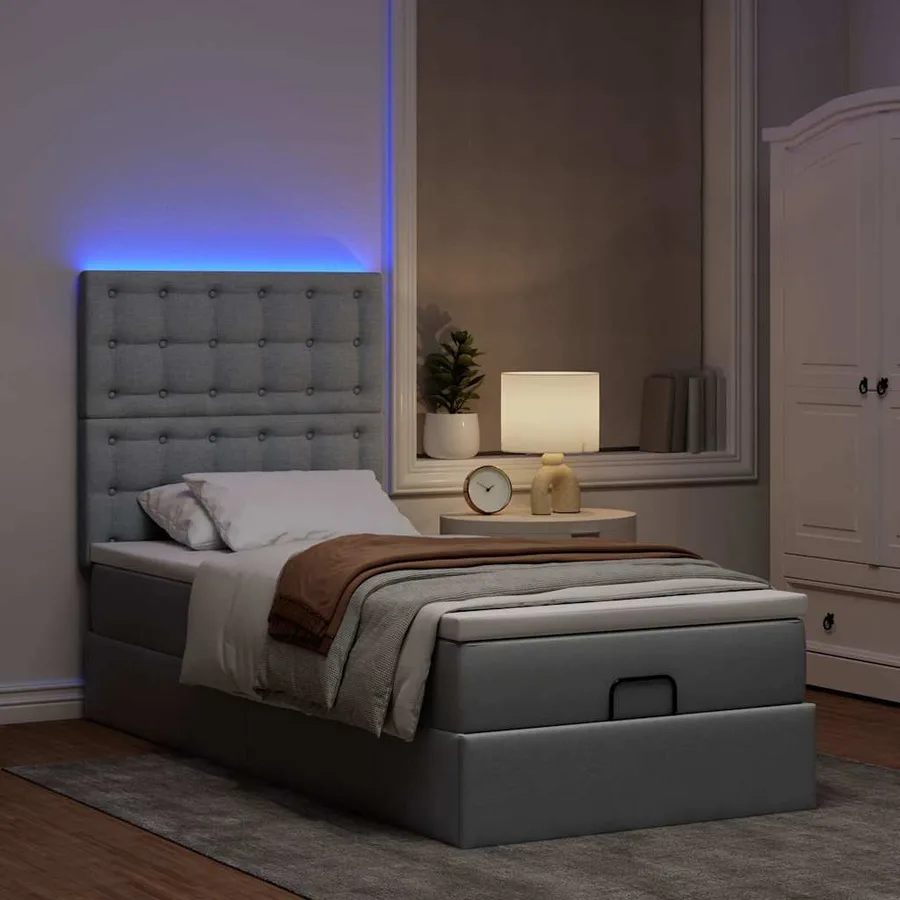Lit ottoman avec matelas et LED gris clair 90x200 cm tissu - 3