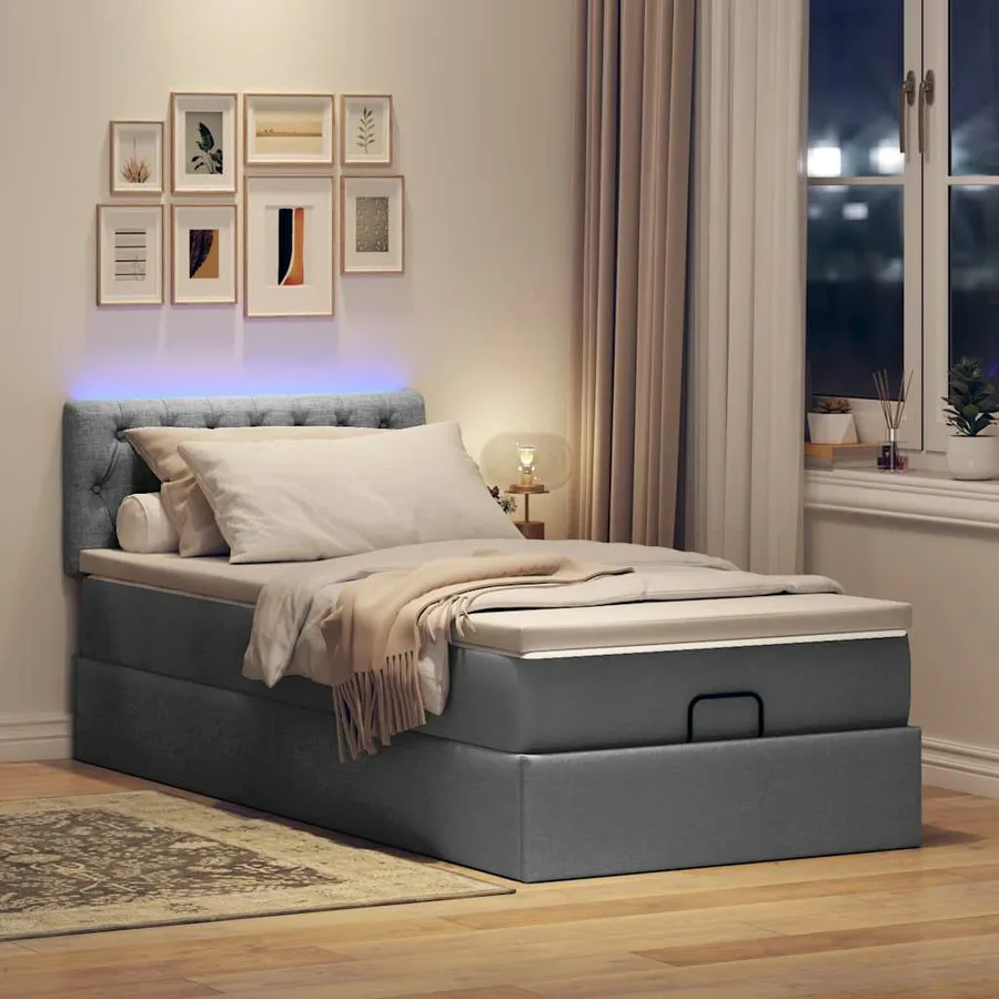 Lit ottoman avec matelas et LED gris foncé 90x200 cm tissu - 3