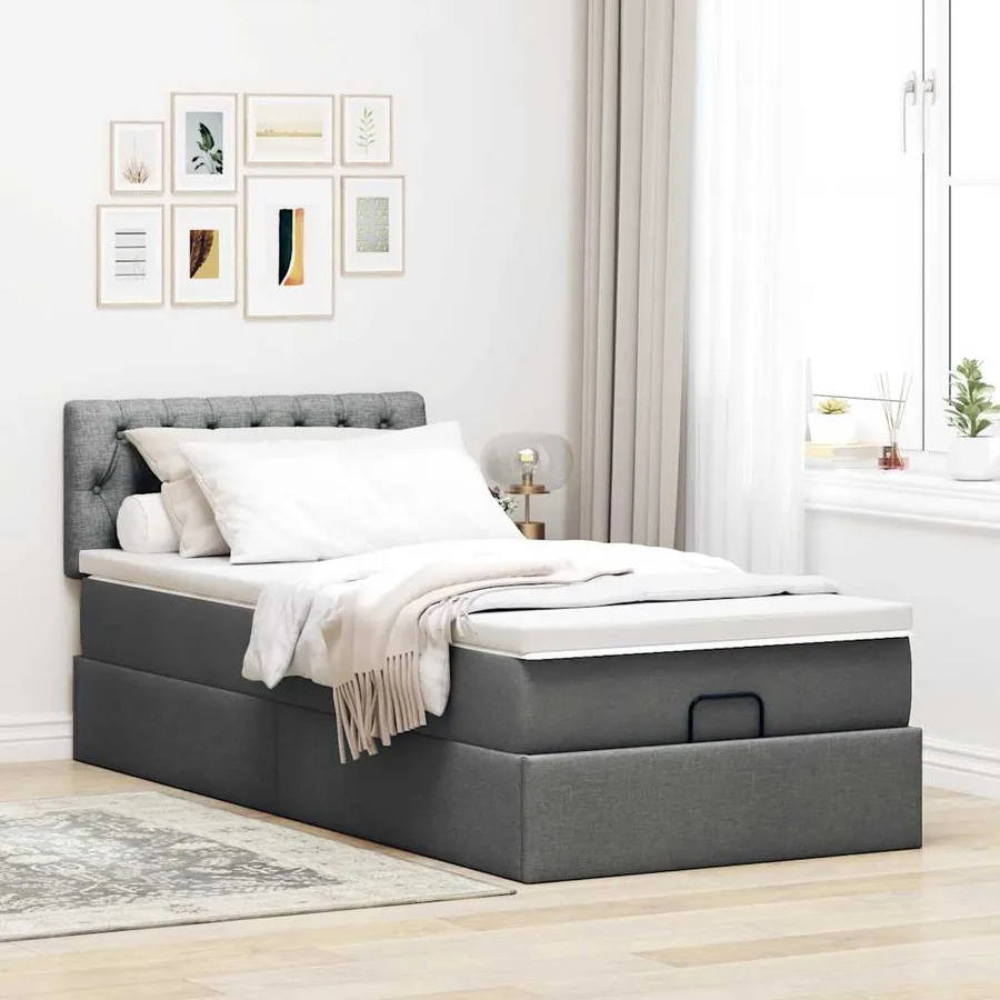 Lit ottoman avec matelas et LED gris foncé 90x200 cm tissu - 4