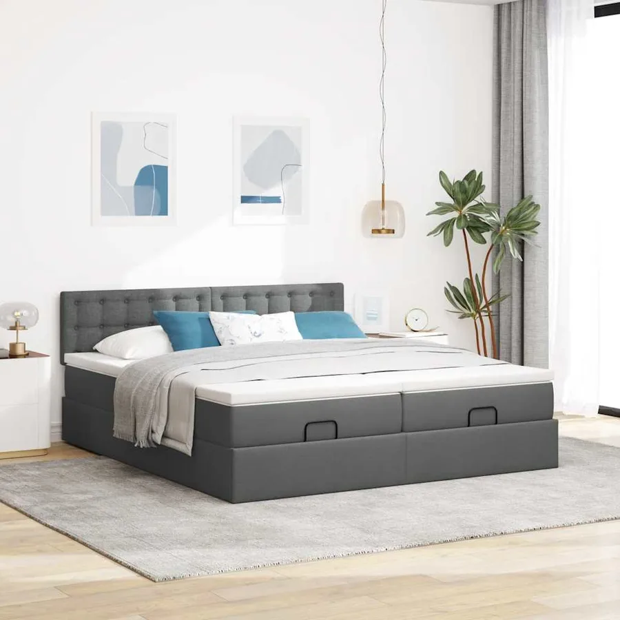 Cadre de lit ottoman avec matelas gris foncé 180x200cm tissu - 4