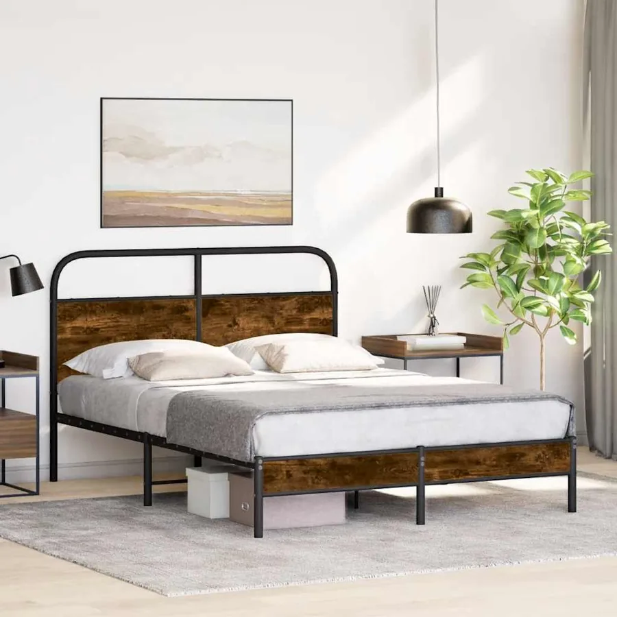 Cadre de lit sans matelas 135x190 cm chêne fumé bois ingénierie