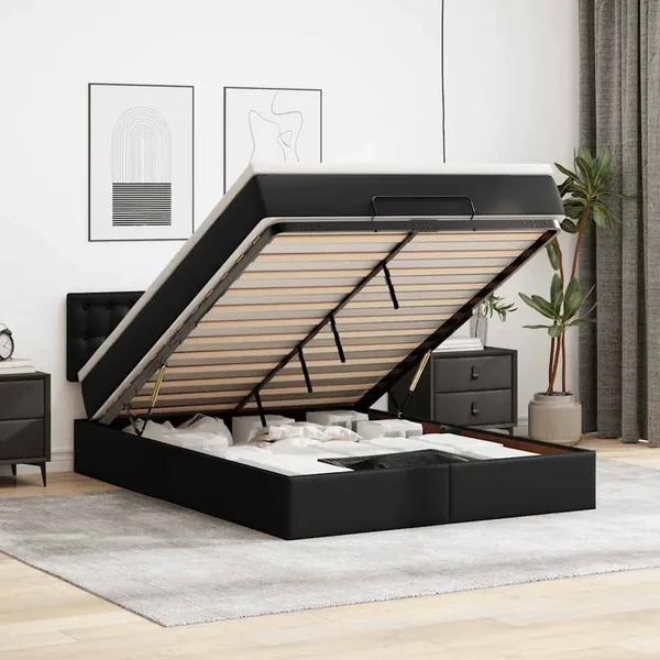 Cadre de lit ottoman avec matelas noir 140x190 cm similicuir