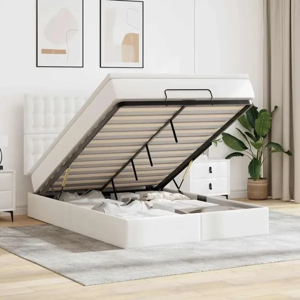Cadre de lit ottoman avec matelas blanc 140x190 cm similicuir