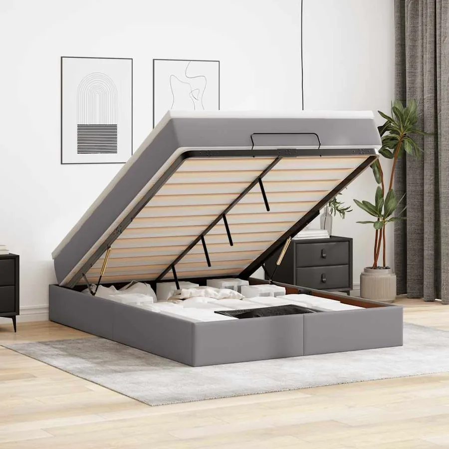 Cadre de lit ottoman avec matelas gris 140x190 cm similicuir