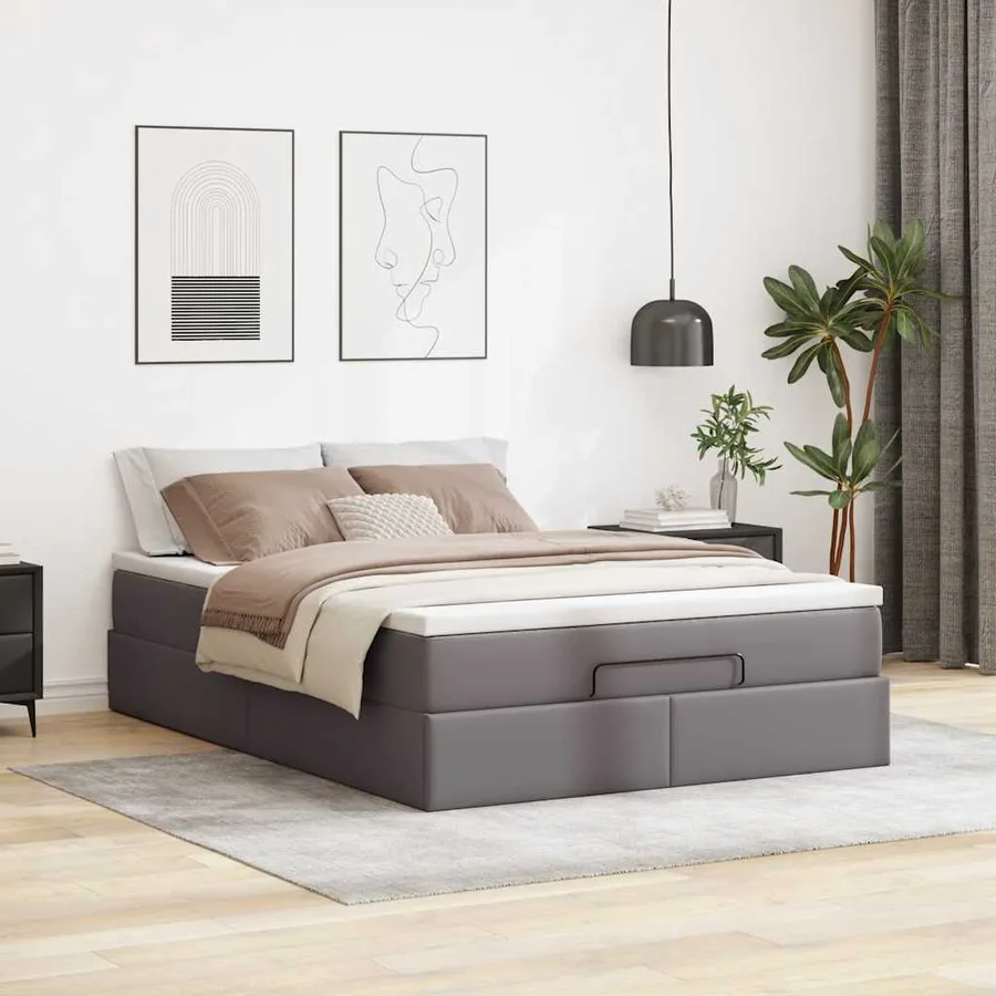 Cadre de lit ottoman avec matelas gris 140x190 cm similicuir - 3