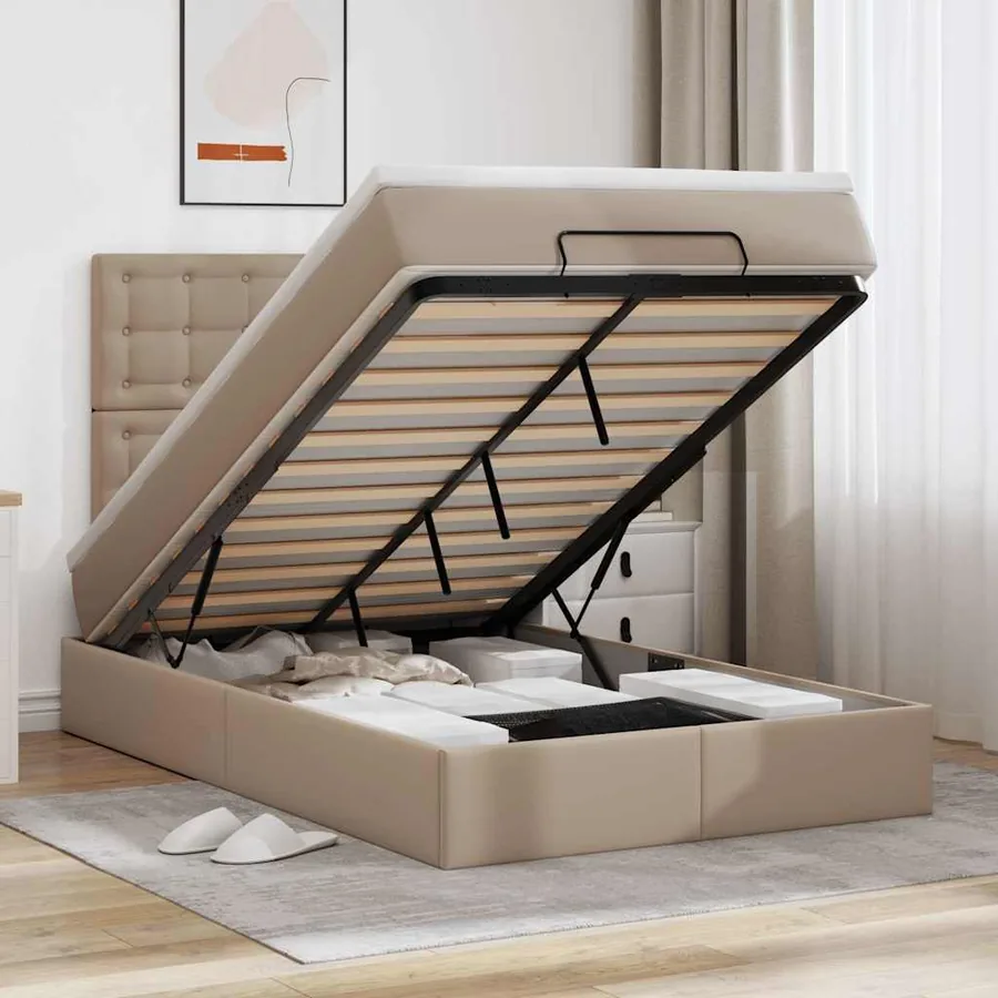 Cadre de lit ottoman et matelas cappuccino 120x200cm similicuir